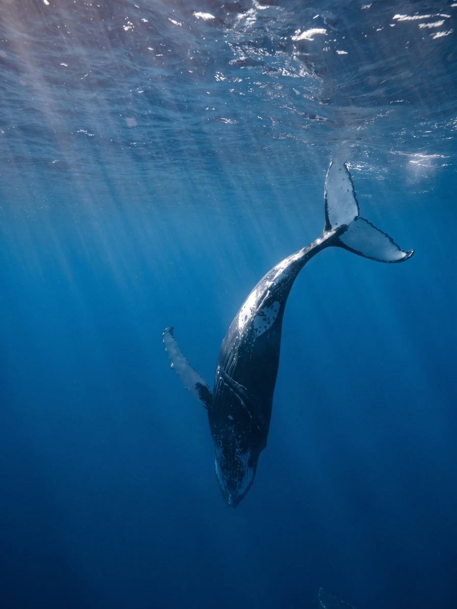 A humpback whale swimming beneath the ocean surface.